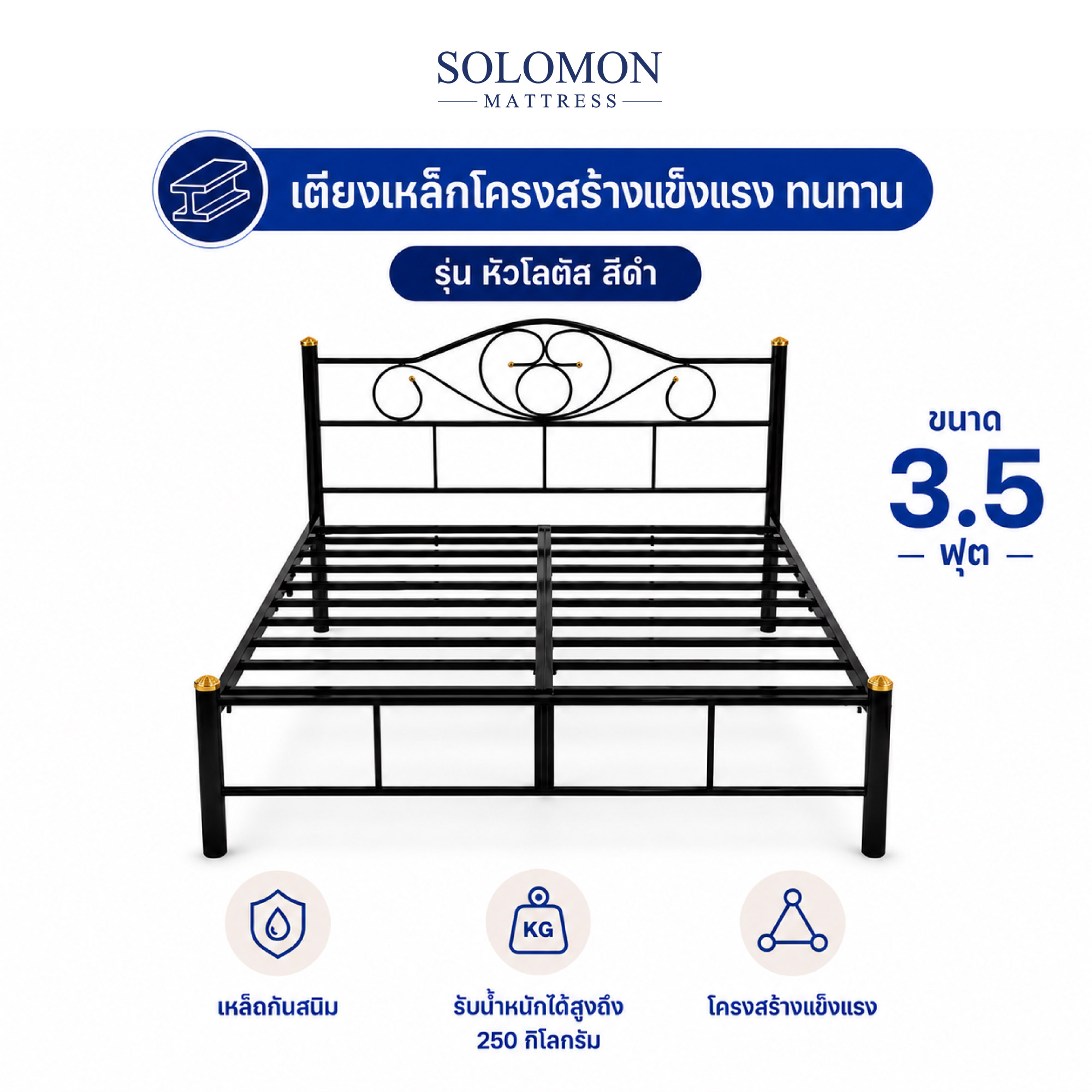 เตียงเหล็ก 3.5 ฟุต SOLOMON รุ่น หัวโลตัส สีดำ